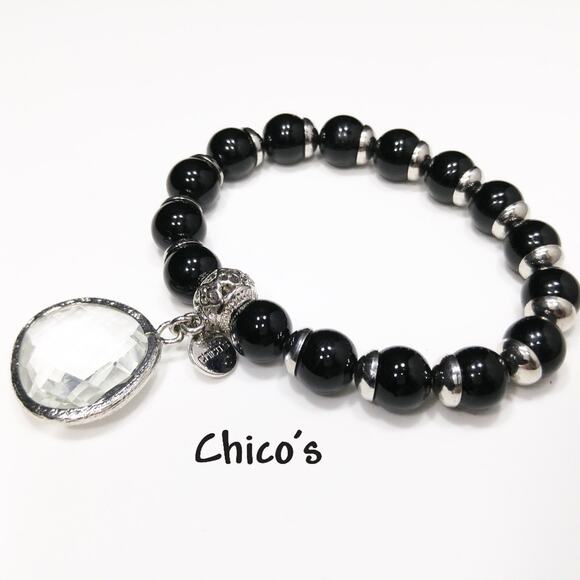 Chico’s Black Beaded Stretch Bracelet Silver Tone Clear Crystal Charm - Picture 1 of 8